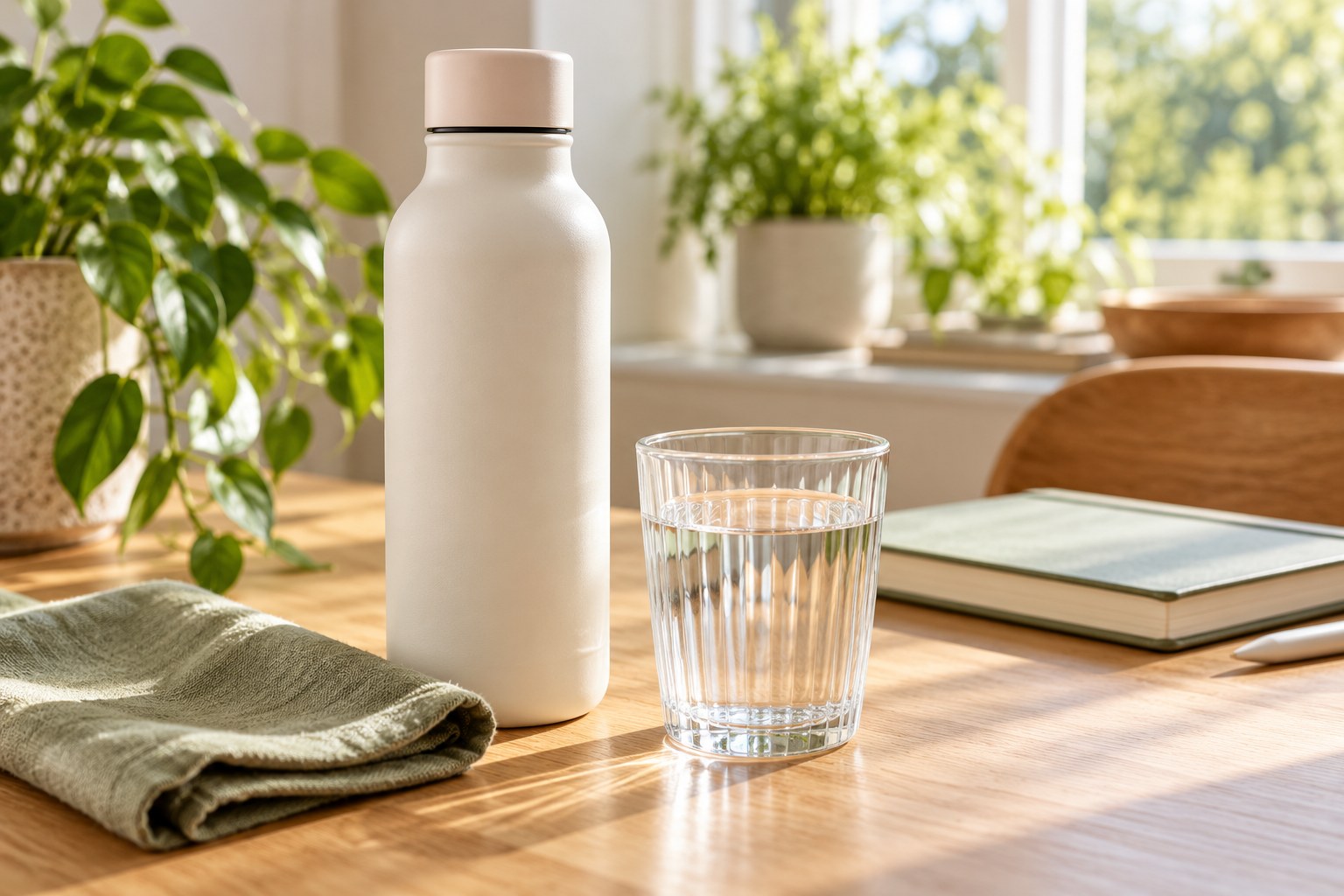 Cream reusable water bottle and clear drinking glass on a bright desk