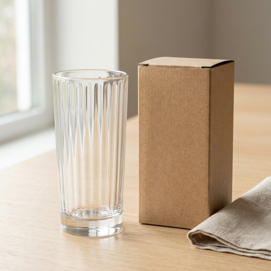 Clear Fluted Drinking Glass - AI concept tabletop scene