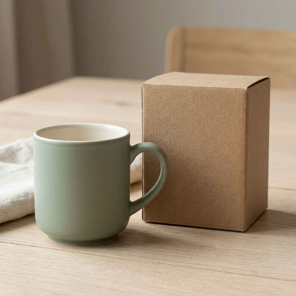 Sage Green Rounded Handle Cup - AI concept tabletop scene
