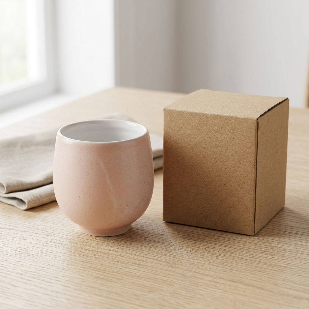Blush Rounded Handleless Cup - AI concept tabletop scene