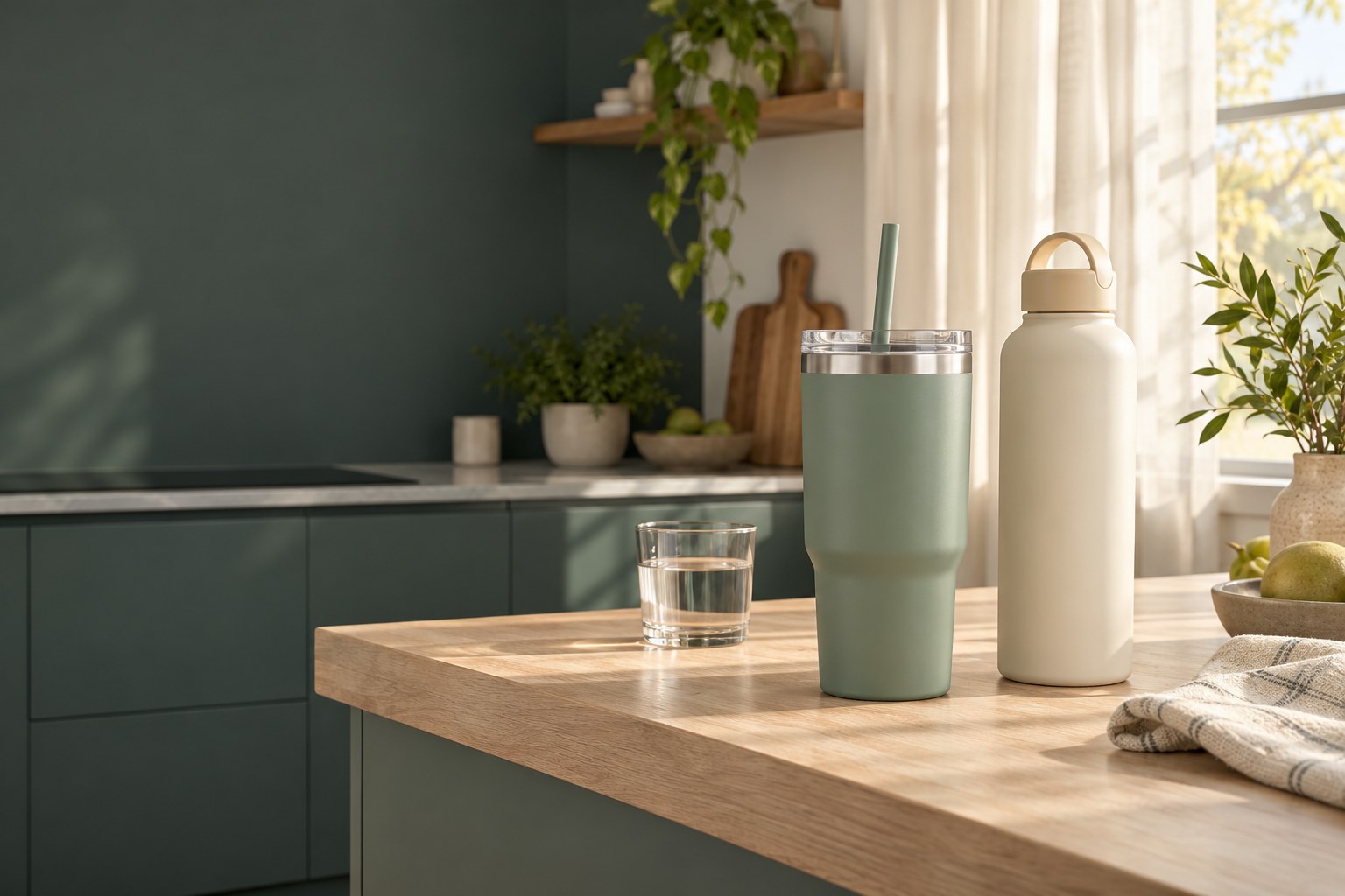 Reusable tumbler and water bottle on a sunlit kitchen island